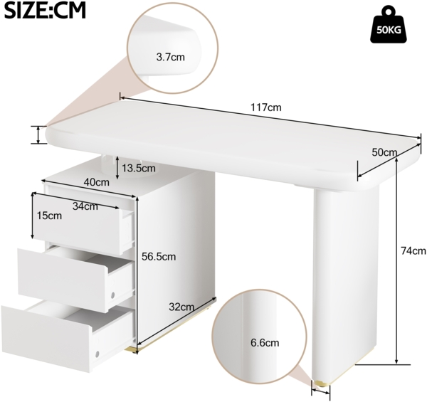 Schreibtisch, Moderner französischer Stil, Wolkenform, 3 Schubladen, verdickte Tischplatte und Beine, voll lackiert, MDF, Weiß, 117×50×74 cm Bild 5