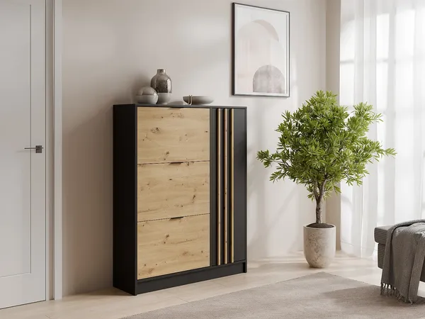 Vente-unique - JANAKIA Ordnungshelfer Holz, Platte SchwarzBeige - B 30 cm x H 130 cm x L 102 cm
