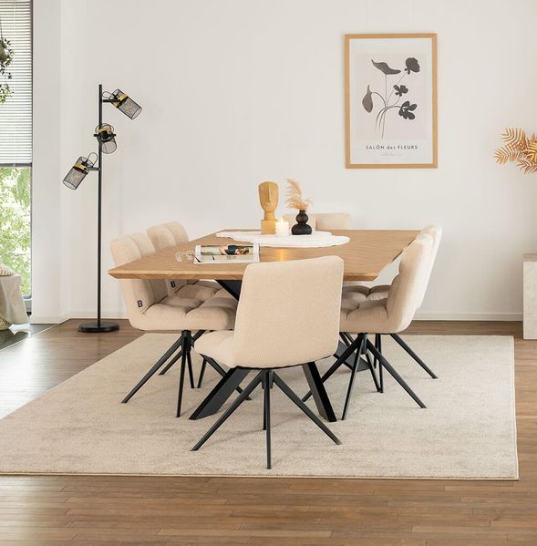 HOME DELUXE Essgruppe Eckig AVENCIA inkl. Sternfuß - 200 x 120 cm Fishbone Oak 6 Stühle Creme