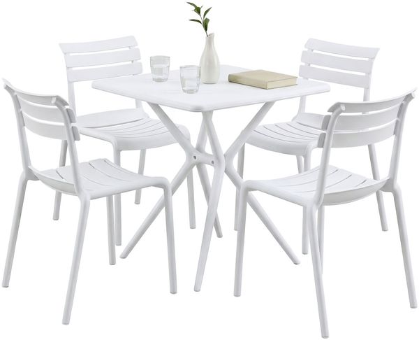 CLP Gartenmöbel-Set Vela mit 4 Stapelstühlen und quadratischen Esstisch 72x72 cm,weiß