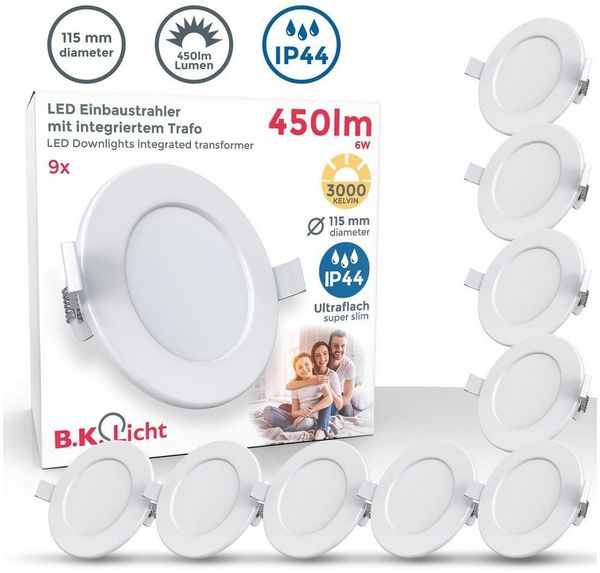 B.K.Licht LED Einbaustrahler Bad Einbauleuchten 9er Set Ultra-flach Ø115x30mm 230V Weiß - BKL1274, LED fest integriert, Warmweiß, 9 Badezimmer-Einbausprots Decke IP44 230V 6W 450 Lumen 3000K Warmweiß