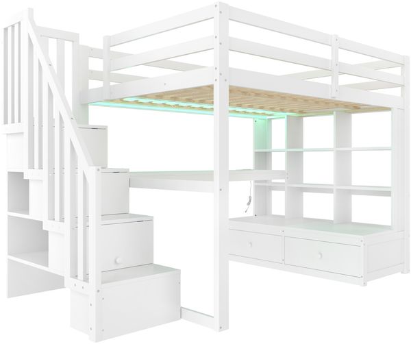 Merax Hochbett Etagenbett 140x200cm mit Schreibtisch und Regal, Kinderbett Doppelbett mit Led und Ladefunktion, Holzbett mit Rausfallschutz, Weiß Bild 8