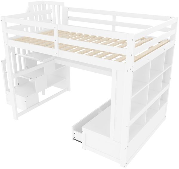 Merax Hochbett Etagenbett 140x200cm mit Schreibtisch und Regal, Kinderbett Doppelbett mit Led und Ladefunktion, Holzbett mit Rausfallschutz, Weiß Bild 7