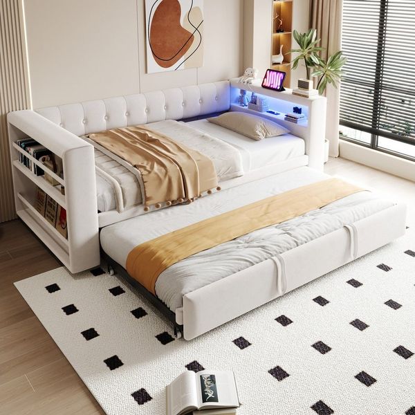 Flieks Daybett, Polsterbett Schlafsofa 90/180×190cm mit LED, Steckdose und Ausziehbett