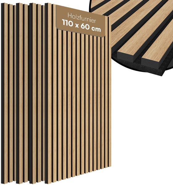 Bellamio 'Kilwa' 3D Akustikpaneele, Holzoptik Eiche, Echtholzfurnier und MDF, 110x60x2,1 cm, Wandpaneele mit Schallschutz, 4er Set