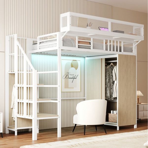 Merax Hochbett 90×200cm mit LED-Beleuchtung (Loftbett, 1-St, Jugendbett Einzelbett Mehrzweckbett) Metallbett Kinderbett mit Kleiderschrank, Stauraumtreppe & Ablagefach