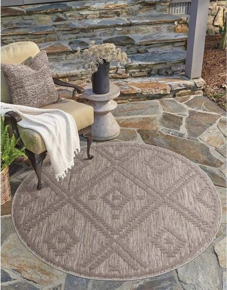 Carpet City Teppich In-& Outdoorteppich Santorini 454, 3D-Effekt, Raute-Optik, rund, Höhe: 5 mm, Wetterfest & UV-beständig für Terrasse, Balkon, Küche, Flur