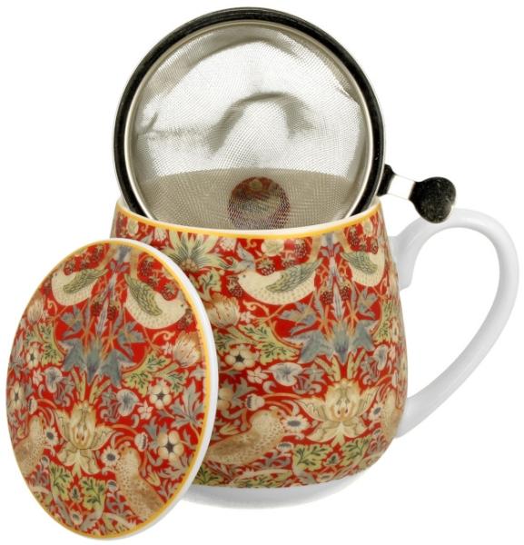 DUO ART GALLERY Fassbecher 430 ml STRAWBERRY THIEF RED mit Teesieb, New Bone China Porzellan