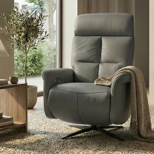 Relaxsessel HWC-L10, TV-Sessel Liegesessel, Liegefunktion drehbar, elektrisch verstellbar Voll-Leder ~ grau