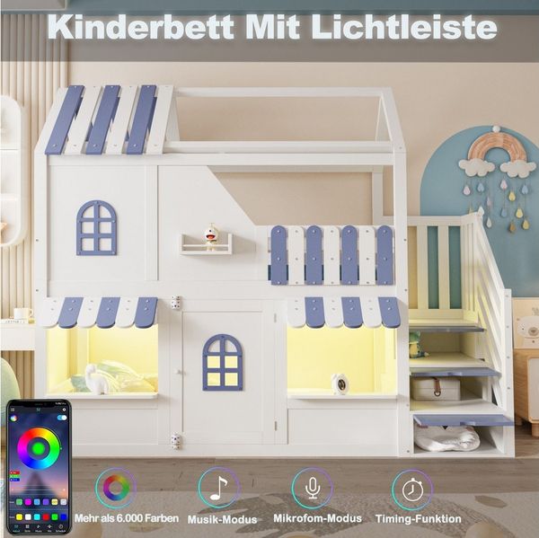 REDOM Kinderbett mit Fenstern, Dach und Geländer (mit Stauraumleiter, LED-Beleuchtung und Regalen, Hochbett Gästebett, 90 x 200 cm), ohne Matratze