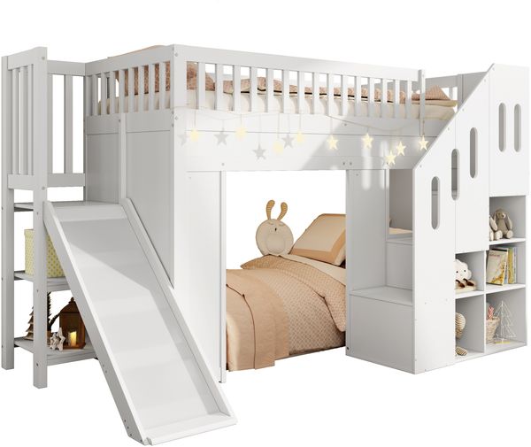 Merax Etagenbett, 90x200cm Hochbett, Kinderbett Jugendbett, mit Rutsche, Rausfallschutz und Stauraumtreppe, mit LED-Lichtleiste, Massivholz, weiß Bild 10