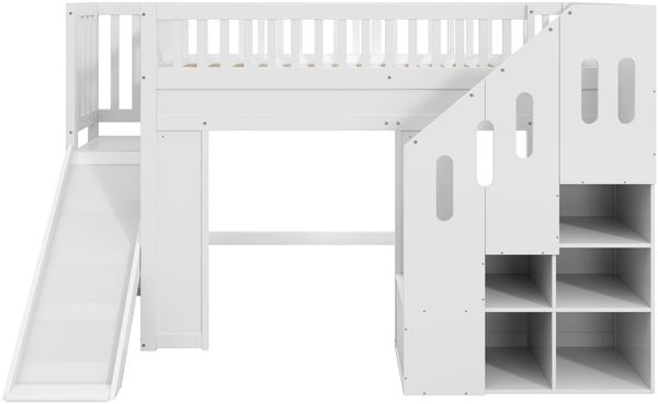 Merax Etagenbett, 90x200cm Hochbett, Kinderbett Jugendbett, mit Rutsche, Rausfallschutz und Stauraumtreppe, mit LED-Lichtleiste, Massivholz, weiß Bild 8
