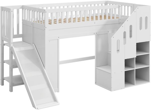Merax Etagenbett, 90x200cm Hochbett, Kinderbett Jugendbett, mit Rutsche, Rausfallschutz und Stauraumtreppe, mit LED-Lichtleiste, Massivholz, weiß Bild 9