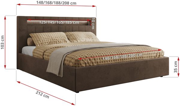 Polsterbett GOLD 5 CLASSIC 200 x 200 cm mit LED-Beleuchtung & Bettkasten, Doppelbett inkl. Lattenrost, Metall-Lift-System & Stauraum - Braun Velvet Bild 7