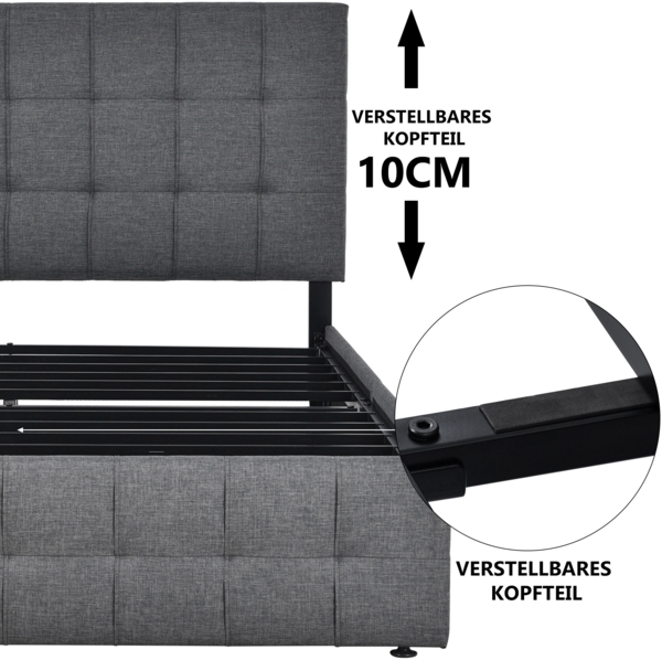 Polsterbett 140x200 cm mit Stauraum aus Leinen und verstellbarem Kopfteil – 4 Schubladen, Stahllattenrost Bild 8