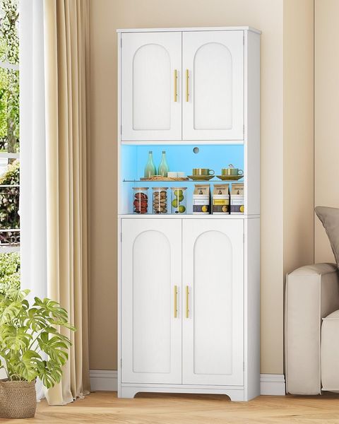 Badezimmerschrank, Badschrank, Hoher Schrank Mit Farbwechselnden Led-Leuchten Und 4 Türen, Verstellbare Einlegeböden, Wohnzimmer, Badezimmer, 30 X 60 X 170 cm, Weiße Holzmaserung