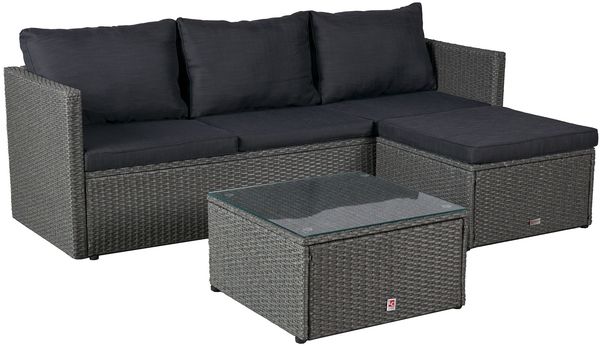 Loungeset Manila Gartenlounge Ecksofa mit Tisch + Hocker Polyrattan Grau-Mix