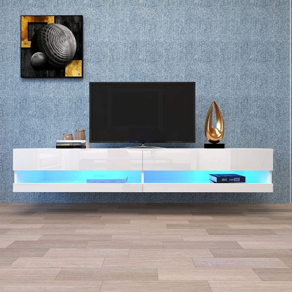 TV-Schrank, mit App-LED-Licht, Hochglanzfront & Wandmontage, 140x40x30,5 cm, Weiß