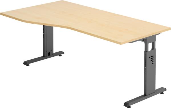 bümö höhenverstellbarer Schreibtisch O-Serie 180x100 cm in Ahorn, Gestell in Graphit - großer PC Tisch für's Büro manuell höhenverstellbar, Computertisch verstellbar, OS-18-3-G