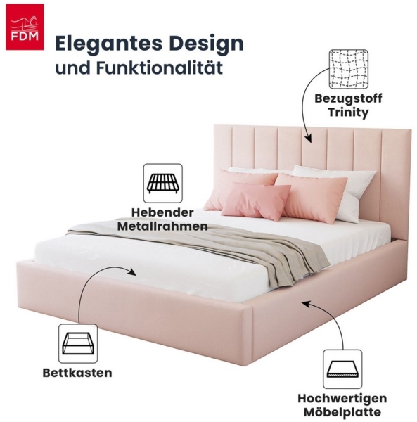 FDM Polsterbett Stauraumbett KAJA Bettgestell 90x200, 140x200 & weitere Größen (verfügbar 90x200 120x200 140x200 160x200 180x200cm, Bettrahmen, Bett, mit großen gepolsterten Kopfteil, mit Bettkasten zum aufklappen), Hebbarer Metallrahmen, Bettkasten, o... Bild 2