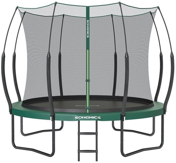 Songmics Federloses Trampolin, elastische Seile, Sicherheitsnetz mit Reißverschluss, Glasfaserstangen, dschungelgrün, Ø 366 cm