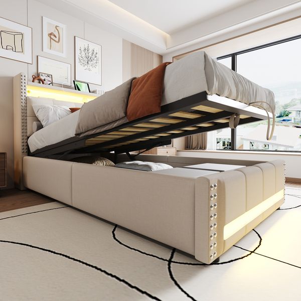 Polsterbett 90x200 cm mit Stauraum, LED & USB-Anschluss, Leinenstoff, Beige, ohne Matratze