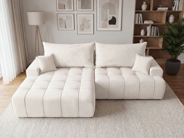 GRAINGOLD Ecksofa Tulio, Ecksofa mit Stauraum, gesteppte Sitzfläche, mit Schlaffunktion, Velour-Stoff, Creme, Links