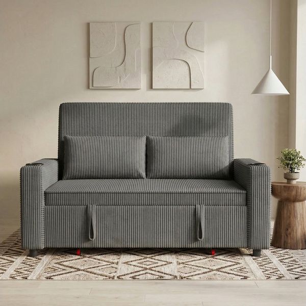 GUNJI Sofa 2-Sitzer Schlafsofa aus Cord, ausziehbar, Gästebett, mit Schlaffunktion, 3-in-1 Design, verstellbarer Rückenlehne, Getränkehalter, stabilem Rahmen und platzsparender Bauweise