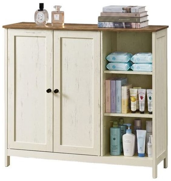 VASAGLE Badezimmerschrank Standschrank mit 2 Türen und 3 Offenen Fächern 90 x 30 x 80 cm Weiß und Tan