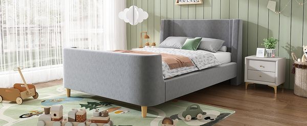 Polsterbett 90×200 cm im Schlittenbett-Design mit Weltraum-Motiv, Samt Grau