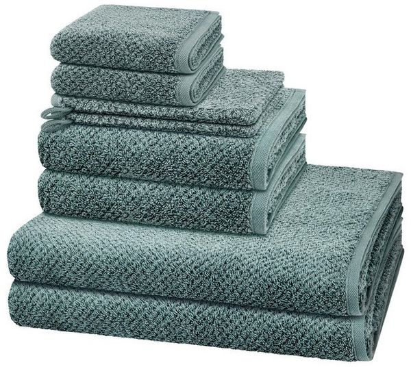 Cawö Pure 8 tlg. Frottier-Set - 2 X Handtuch (50 X 100cm), 2 X Duschtuch (80 X 150cm), 2 X Gästetuch (30 X 50cm), 2 X Waschhandschuh (16 X 22cm) - 494 g/m2 - Mystic green