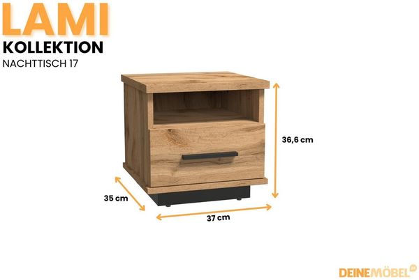 Deine Möbel 24 Nachttisch LAMI 17 Nachtkommode Nachtkonsole, ideal für Schlafzimmer (Set, 1-St, 37x36,6x35 cm), mit Schublade & offenem Fach, Wotan Eiche/Schwarz Matt