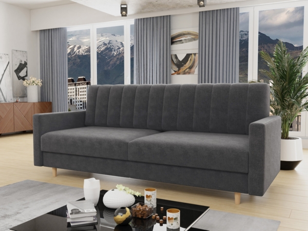 Schlafsofa Sara - Sofa mit Bettkasten und Schlaffunktion, Bettsofa, Schlafcouch mit Holzfüße, Velours (Dunkelgrau (Kronos 22))