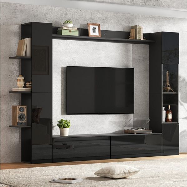 KLAM HOME Wohnwand 4-tlg. Kompaktwohnwand Weiß Hochglanz mit viel Stauraum für Wohnzimmer, (Wohnwand Set mit TV-Schrank, Vitrine & Aufbewahrungsschrank 228x170cm), Flexibles Wandmöbel mit wechselbarem Türanschlag & Acryl-Vitrine