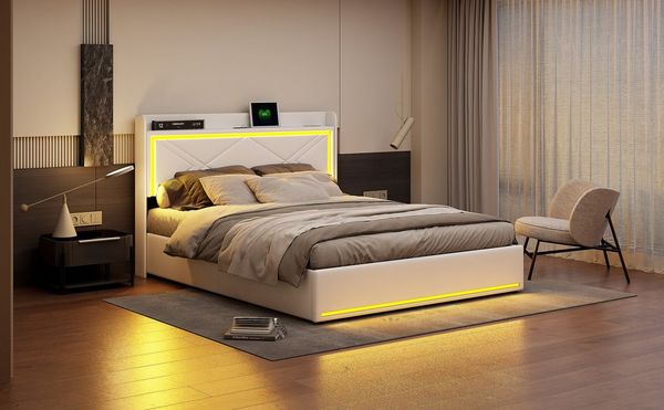 Furnishings Home Polsterbett 140x200 cm LED Doppelbett Stauraumbett (1-tlg, Hydraulisch hebbarer Stauraum), Mit LED-Beleuchtung, Bettkasten, Kunstleder, 140x200 cm