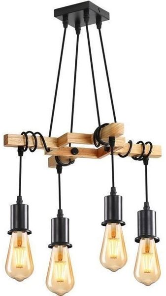 Pendelleuchte aus Holz – E27 Retro-Industrie-Kronleuchter für Esszimmer, Wohnzimmer, Bar – 42 cm Durchmesser – 4 Leuchtmittel