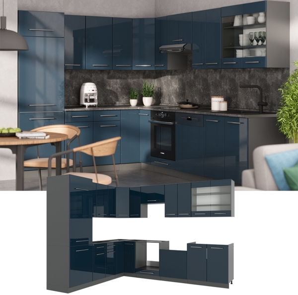 Eckküche Fame-Line Dunkelblau Hochglanz/Anthrazit 287 x 60 cm , AP Eiche Vicco Bild 2