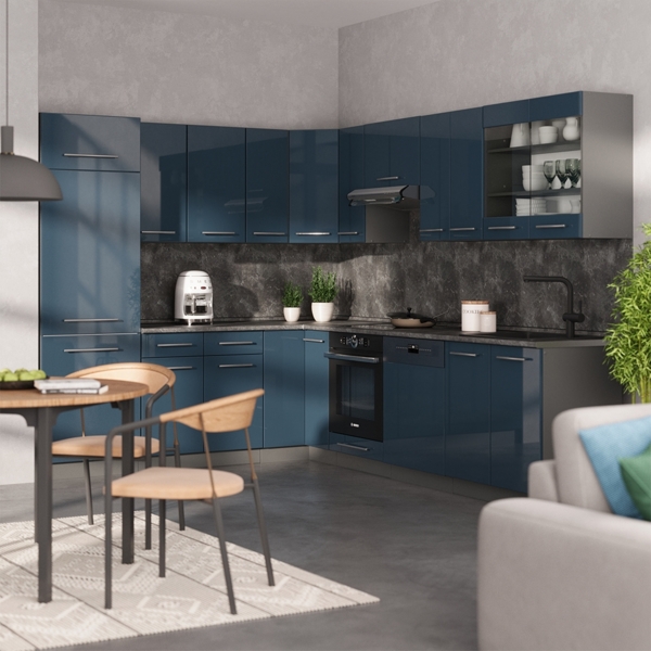 Eckküche Fame-Line Dunkelblau Hochglanz/Anthrazit 287 x 60 cm , AP Eiche Vicco Bild 4