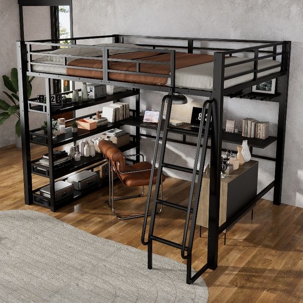 Novelux Hochbett 140x200 mit Schreibtisch, Regal und Ladeanschluss – Metallhochbett aus Eisen & Spanplatte in Schwarz, Schrägleiter, Stauraum