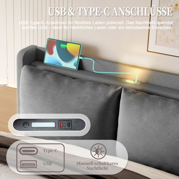 Flieks Polsterbett 140*200cm Doppelbett Samt-Himmelbett praktischem Stauraum, USB-C-Anschlüssen, ambienter LED-Beleuchtung, grau Bild 8