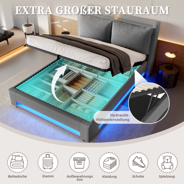 Flieks Polsterbett 140*200cm Doppelbett Samt-Himmelbett praktischem Stauraum, USB-C-Anschlüssen, ambienter LED-Beleuchtung, grau Bild 3