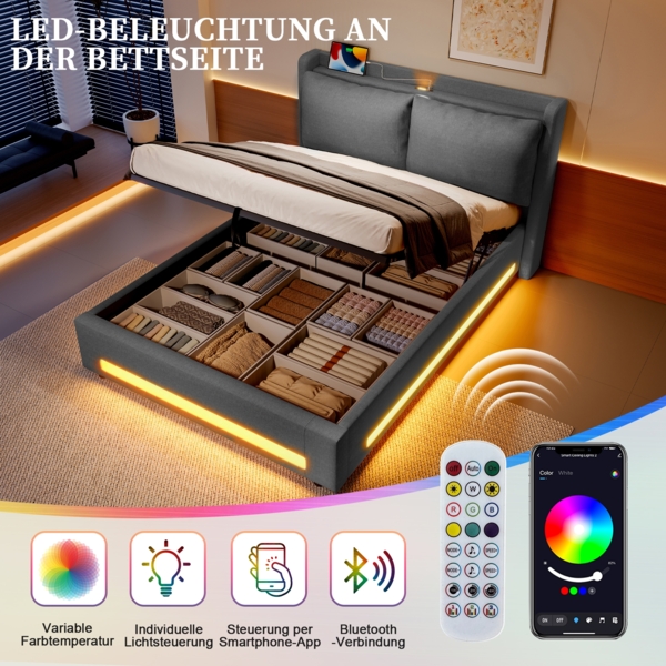 Flieks Polsterbett 140*200cm Doppelbett Samt-Himmelbett praktischem Stauraum, USB-C-Anschlüssen, ambienter LED-Beleuchtung, grau Bild 6