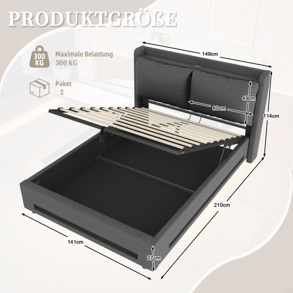 Flieks Polsterbett 140*200cm Doppelbett Samt-Himmelbett praktischem Stauraum, USB-C-Anschlüssen, ambienter LED-Beleuchtung, grau Bild 4