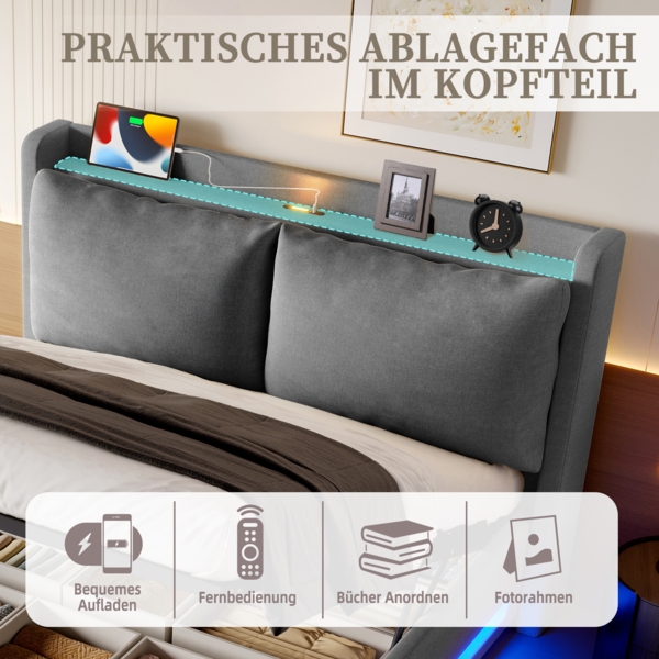 Flieks Polsterbett 140*200cm Doppelbett Samt-Himmelbett praktischem Stauraum, USB-C-Anschlüssen, ambienter LED-Beleuchtung, grau Bild 7