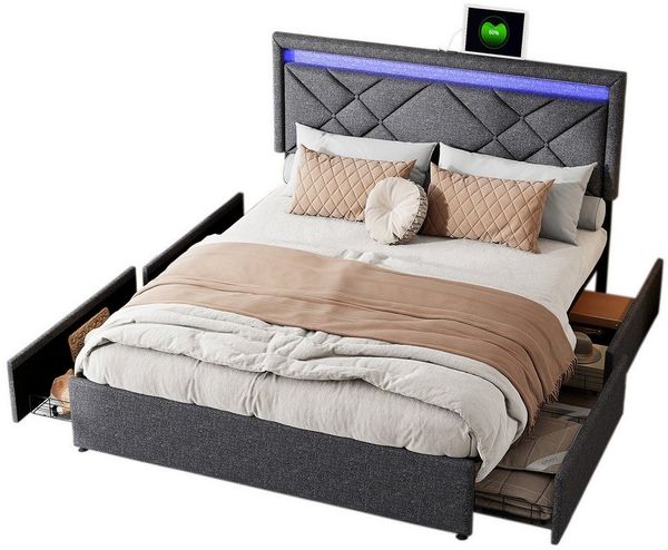 FUROKOY Stauraumbett Polsterbett Doppelbett mit 4 Schubladen (Set, 1-tlg, Mit Kopfteil und Fußteil), für Erwachsene und Jugendliche, 140x200 cm, Leinen, Grau