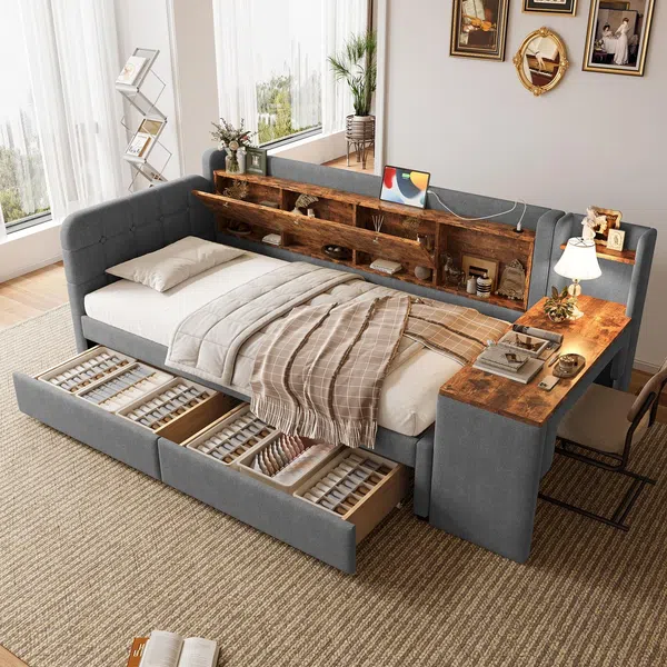 Stauraumbett mit Schreibtisch, Lattenrost, Regal, Schubladen, USB und Type-C Anschluss, 90x200 cm, Einzelbett, Polsterbett, Leinen