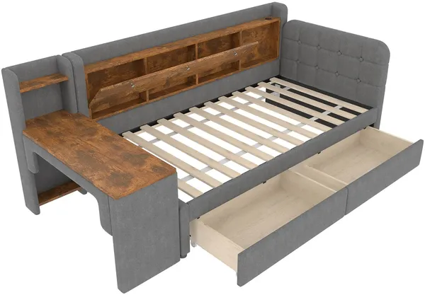 Stauraumbett mit Schreibtisch, Lattenrost, Regal, Schubladen, USB und Type-C Anschluss, 90x200 cm, Einzelbett, Polsterbett, Leinen