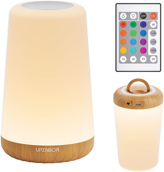 UPXNBOR LED Nachttischlampe mit Fernbedienung, Dimmbar mit 13 RGB Farben & 4 Modi, Tischlampe Kabellos mit Timer & Haken, USB Aufladbar, Tragbares Nachtlicht für Schlafzimmer, Kinderzimmer, Wohnzimmer