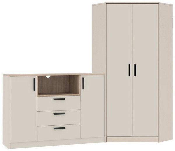 Marmex Möbel Grant Set-39C Eck-Kleiderschrank und Kommode, Schlafzimmer-Set, laminierte Spanplatte, graubeige cashmere+cremona torro 228/91x195x40 cm