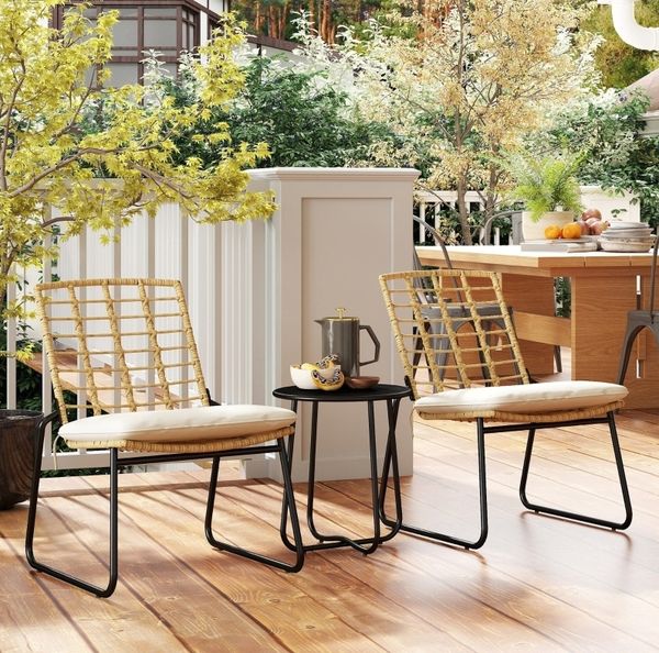 Gartenmöbel-Set 3-teilig Beige, Rattan-Sitzgruppe mit stapelbaren Stühlen, Tisch 40x40x46 cm